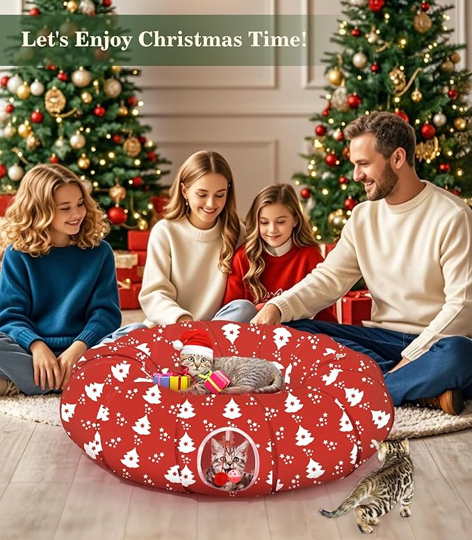 Pawaboo Cat Tunnel Bed Under Christmas Tree, 35.4'' Christmas Cat Toy Circle Tunnel with Toy Ball, Decorative Christmas Festive Foldable Kitty Tube Tunnel for Cat Small Animal (Red Xmas Tree)