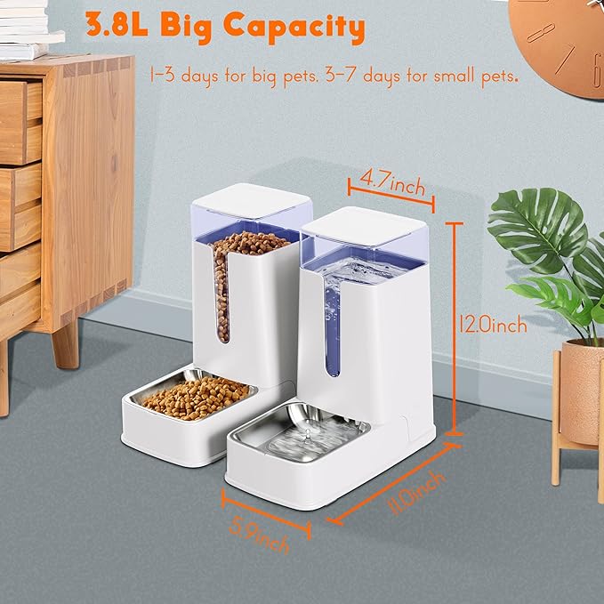 Cat Food Dispenser and Cat Water Dispenser Set with Stainless Steel Bowls Gravity Dog Feeder for Small Medium Big Cat Dog Pet Puppy Kitten, 1 Gallon x 2
