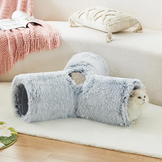 Tempcore Plush Pet Cat Tunnel Tube Cat Toys 3 Way Collapsible, Cat Tunnels for Indoor Cats，Kitty Tunnel Bored Cat Pet Toys Peek Hole Toy Ball Cat, Puppy, Kitty, Kitten, Rabbit Light Grey