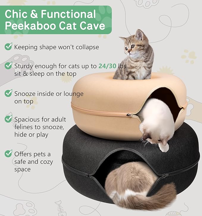 Peekaboo Cat Cave for Multiple Cats/Large Cats, Cat Caves for Indoor Cats Up to 9 Lbs, Cat Tunnel Bed, Scratch Detachable and Washable Large Donut Cat Bed, Yellow