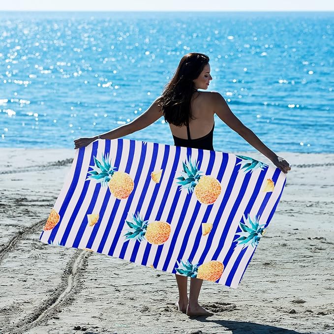 LIVILAN Oversized Striped Pineapple Beach Towel for Women Girls, 30”x60” Microfiber Thin Lightweight Super Absorbent, Quick Dry Sand Free Clearance Towel Pineapple Gifts