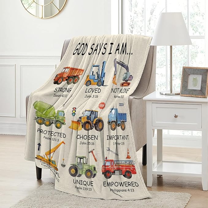 Christian Gifts for Boys, God Says I Am Construction Truck Blanket 50"x60", Inspirational Religious Birthday Gifts for Truck Lover Bible Verse Blanket, Construction truck gifts, Christian truck Gifts