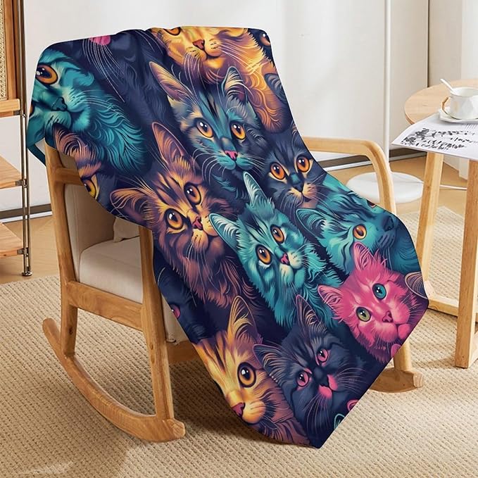 Funny Colorful Cat Print Blanket Cute Kawaii Kitty Animal Throw Blankets Gifts for Couch Sofa Bed Stuff Decor Soft Cozy Fleece Plush Warm Flannel Bedding for Lover Men Women 50"x60"