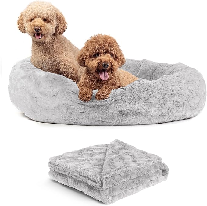 Best Friends by Sheri Bundle Set The Original Calming Lux Donut Cuddler Cat and Dog Bed + Pet Throw Blanket Gray Large 36" x 36"
