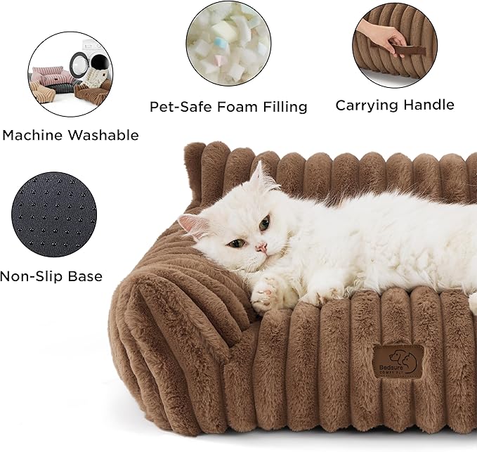 Bedsure Cute Cat Couch for Pets - Fluffy Cat Sofa with Premium Soft Corduroy Fleece, Fuzzy Cat Couch Bed with Removable Washable Cover, Supportive Cat Chair for Indoor Cats, 24inch, Copper Brown