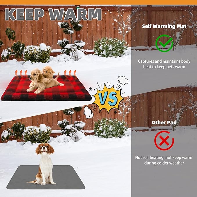 KOOLTAIL Double Used Self Warming Cat Bed Self Heating Cat Dog Mat 28*19inch, Soft Thermal Pet Pad for Indoor Outdoor, Washable Cat Bed Blanket for Large Kitten Puppy Small Animal, Buffalo Plaid Red