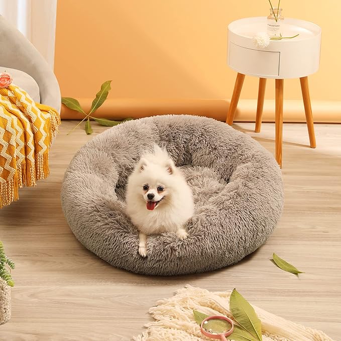 Small Cat Bed for Indoor Cats, Self-Warming Donut Kitty Bed for Small Cats Keeping Warm, Washable Pet Bed with Anti Slip Base, Khaki 23‘’
