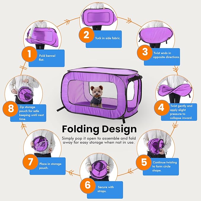 Beatrice Home Fashions Portable, Collapsible, Pop Up Kennel Travel Cat and Dog Crate, 32.5" L x 19.5" W x 19.5" H, Purple