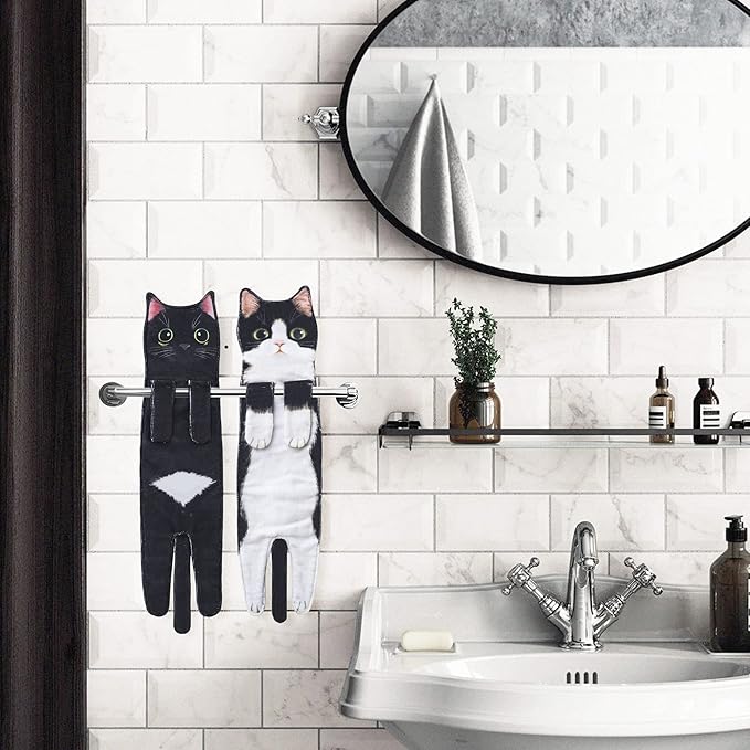 Cat Funny Hand Towels for Bathroom Kitchen- Cute Decorative Kitten Decor Hanging Face Towels- Unique Housewarming Valentines Mothers Birthday Gifts for Women Mom Cat Lovers