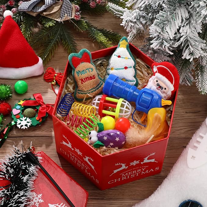 Supervitae 33 Pieces Christmas Stocking Cat Gun Toys Set, Christmas Interactive Cat Toys Set for Cats Xmas Gifts Holiday Party Outdoor Kitten Mouse Toy Plush Toy for Indoor Cats