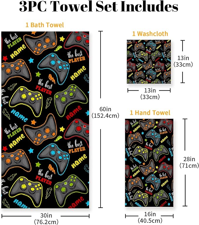 Custom Name Gaming 3 Piece Towel Bathroom Sets, 1 Bath Towel, 1 Washcloth, 1 Hand Towel, Cotton Fast Dry Soft Absorbent Towel Set for Home Kitchen Family