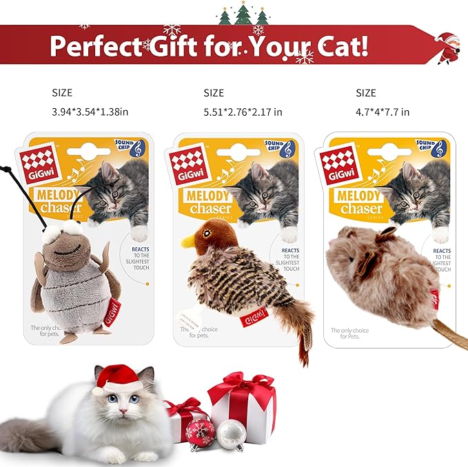 PETGEEK GiGwi Chirping Bird Cat Toys 3 Pcs- Melody Chaser Realistic Plush Cat Toys for Indoor Cats- Hangable Design Best Gift for Birthday, Thanksgiving, Christmas, New Year (Bird Mouse Cricket Set)