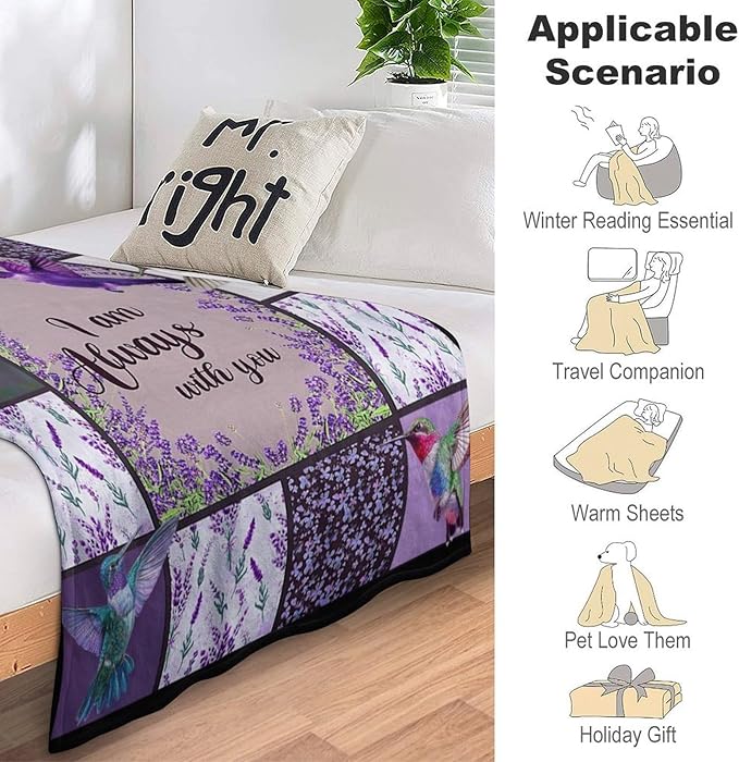 Hummingbird Print Blanket Purple Lavender Bird Animal Throw Blankets for Couch Sofa Bed Stuff Decor Gifts Soft Cozy Fleece Plush Flannel Blanket for Baby Adults Lover Men Women 60"x80"