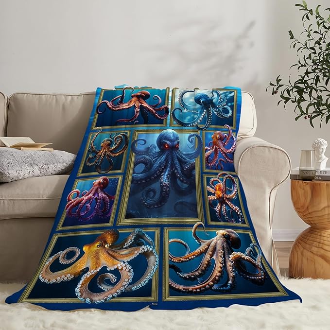 Octopus Throw Blanket - Ultra Soft Cozy Fleece Fuzzy Plush Octopus Lovers Decor Gifts for Women Girls Adults - Couch Sofa 80"x60"