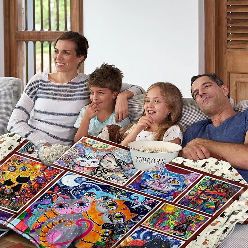 Throw Blanket - Colorful Cat Design Boho Blanket, Ultra Soft Rustic Quilt For Sofa, Couch, Bed, Bath Towels - Lightweight Bohemian Blankets - Cute Decorative Throw Coverlet (59x71 inch)