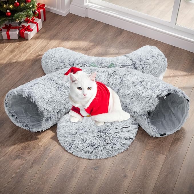 Cat Tunnel Bed for Indoor Cats, Soft Plush Donut Peekaboo Cat Cave, Multifunctional Playground Toy for Small Medium Large Cats, Kittens, Rabbits, Ferrets, with Washable Cushion(Grey)