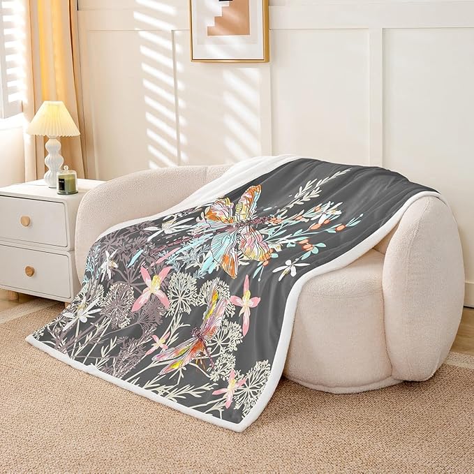 Feelyou Dragonfly Sherpa Blanket Twin 60x80 Inches Botanical Floral Fleece Throw Blanket for Kids Girls Teens Women Bedroom Decor Nature Animals Branches for Sofa Bed Couch Grey