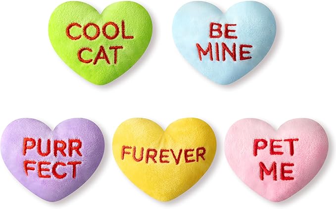 MALLMALL6 5Pcs Valentine’s Day Conversation Heart Candy Catnip Toys for Cat, Catmint Interactive Cat Toy for Indoor Cats, Soft Plush Pet Sweetheart Gift Supplies, Kitten Teething Chew Kick Toy Set