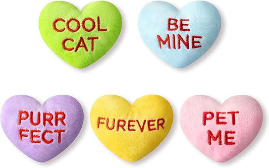 MALLMALL6 5Pcs Valentine’s Day Conversation Heart Candy Catnip Toys for Cat, Catmint Interactive Cat Toy for Indoor Cats, Soft Plush Pet Sweetheart Gift Supplies, Kitten Teething Chew Kick Toy Set