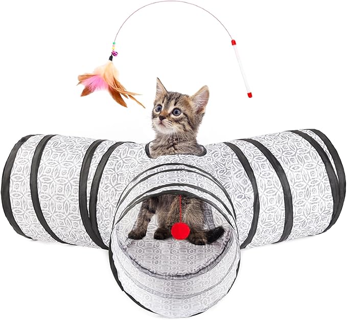 Love's cabin Cat Tunnel Tube Cat Toys 3 Way Collapsible, Cat Tunnels for Indoor Cats，Kitten Tunnel Bored Pet Cat Play Tunnel with Peek Hole Toy Ball for Cat, Kitty, Kitten, Rabbit, Puppy Grey Coin