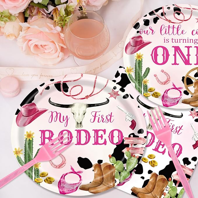 48Pcs My First Rodeo Decorations Western Cowgirl 1st Party Tableware Set Wild West Pink Disposable Plates Napkins Forks Serves 16 Baby Shower First Birthday Decorations For Girl