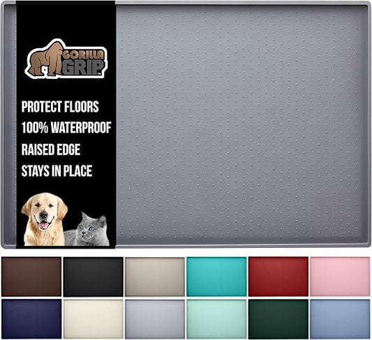 Gorilla Grip 100% Waterproof Raised Edge BPA Free Silicone Pet Feeding Mat, Dog Cat Food Mats Contain Spills Protects Floors, Placemats for Cats and Dogs Water Bowl, Pets Accessories 23x15 Gray