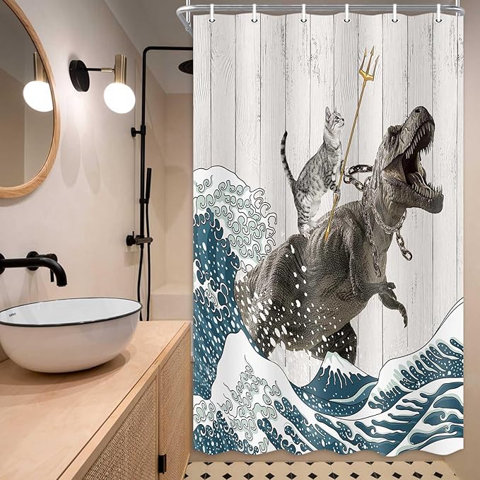 Boziqr Funny Cat Shower Stall Curtain, Cool Cat Dinosaur Japanese Ocean Wave Decor Fabric Bathroom Curtains, Kids Children Rustic Wooden Farmhouse Shower Curtain, 36 X 70 Inches