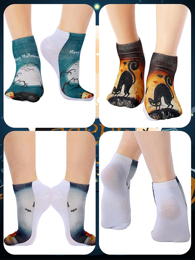 Boao 6 Pieces Christmas Socks 3D Print Short Casual Funny Halloween Pumpkin Cat Ankle Socks