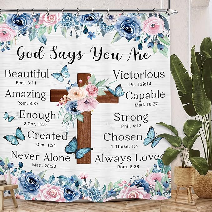 Bible Flower Shower Curtain 60Wx72L Inch Christian Scripture Cross Inspirational Motivational Positive Bathroom Set Accessories Decor with 12 Pack Hooks