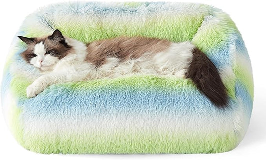 Lesure Cute Cat Couch Bed - Furry Indoor Cat Sofa Large, Washable Calming Small Dog Beds for Puppy with Fashion Design, 26x21x9inches, Green Stripe