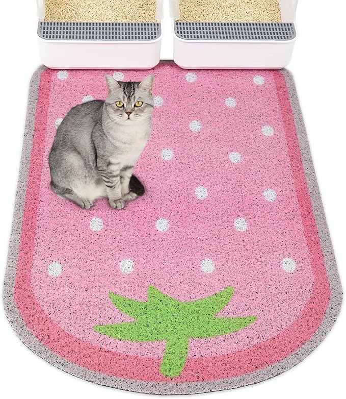 Bienbee Cat Litter Mat, 33.5x22.5in Cat Litter Mat Litter Trapping Mat Easy to Clean, Litter Box Mat with Bottom, Unique Graphic Design Cat Mats for Litter, Strawberry L