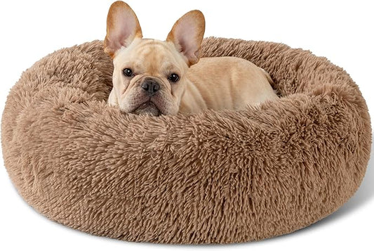 Dog Bed Calming Dog Beds for Small Medium Large Dogs - Round Donut Washable Puppy Dog Bed, Anti-Slip Faux Fur Fluffy Donut Cuddle Anxiety Cat Pet Bed(24 Khaki