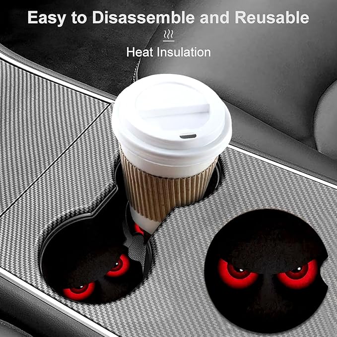 Car Coasters for Cup Holders,2 Pack Red Eye Design Car Coasters,2.75" Universal Size Anti Slip Rubber Mat,Automotive Cup Holder Decal Decor Accessories,Red Eye Gifts for Women,Men,Mom