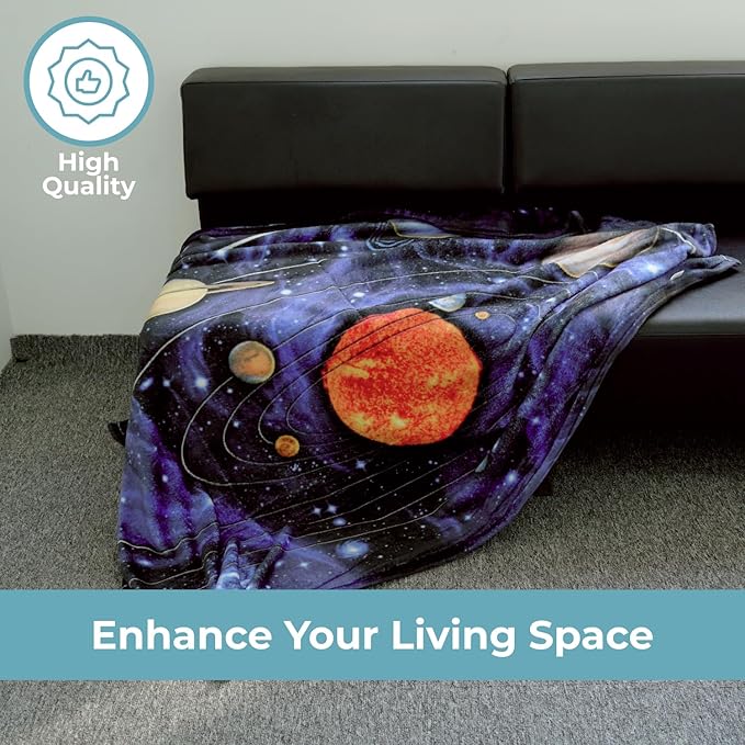 Dawhud Direct Fleece Throw Blanket - 50x60-Inch Plush Space Blanket with Solar System Design for Kids and Adults - Soft and Cozy for Bed, Couch, or Travel