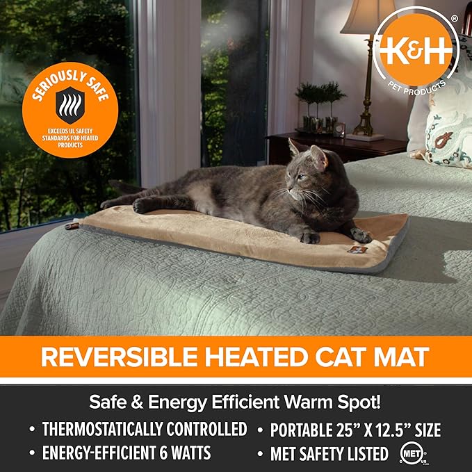 K&H Pet Products Heated Thermo-Kitty Mat, Indoor Heated Cat Bed, Pet Heat Pad for Indoor Cats and Small Dogs, Cat Heating Pad, Electric Thermal Warming Cat Bed Mat, Sage/Tan 12.5 X 25 Inches