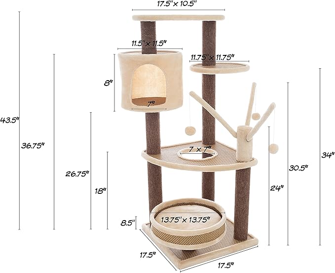6-Tier Cat Tower- Cushioned Pet Bed, Napping Perches, Kitty Condo Hut, and Spring Arms with 3 Hanging Toys Fully Carpeted by PETMAKER (Brown/Beige)