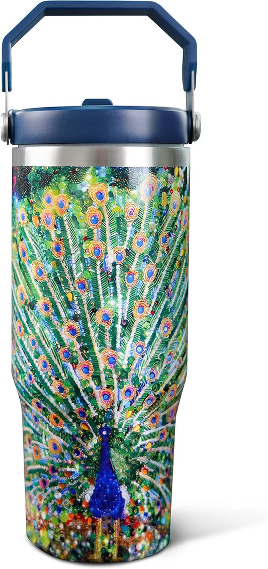 30oz Peacock Tumbler with Handle and Straw, Stainless Steel Vacuum Insulated Coffee Tumbler, Travel Mug Water Bottle, Peacock Stuff Accessories Decor, Peacock Gifts for Women