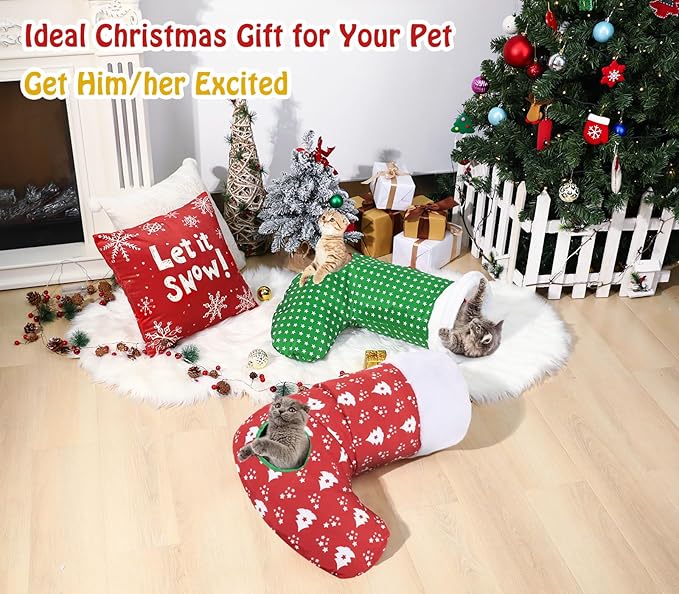 Pawaboo Cat Tunnel Christmas Sock with Bell Balls, Upgraded 2 Way Cat Tunnel Interactive Toy, Pet Xmas Stocking with Crinkle Paper & Strong Spring-Steel Frame for Cat Kitten Kitty, Red Christmas Tree
