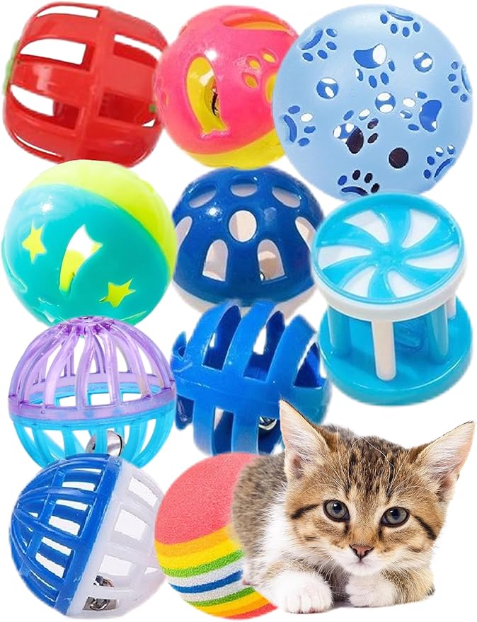 10 Pcs 1.5''~2.2'' Big Cat Toy Ball with Bell, Plastic Lattice Jingle Balls, for All Breed Sizes