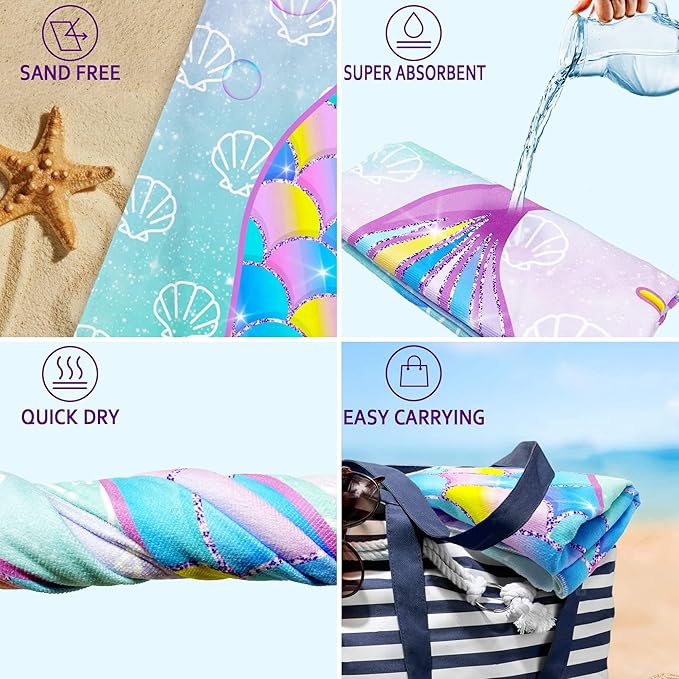 Bonsai Tree Mermaid Beach Towel, Microfiber Bath Towel for Girls and Women, Teal Tail Scale Sand Free Quick Dry Travel Towels for Kids Yoga Sports 30" X 60"