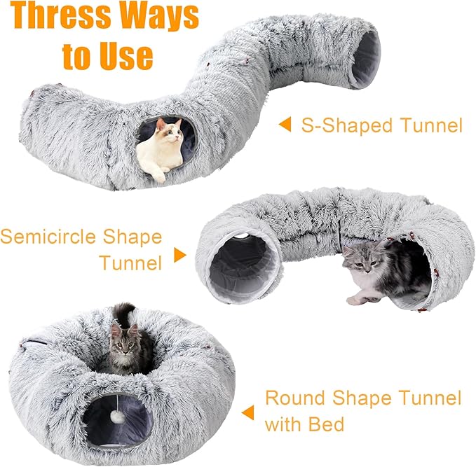 Cat Tunnel Bed for Indoor Cats,Warm Plush Cat Play Tunnel with Central Mat, Cat Calming Cave with Hanging Ball & 2 Peepholes,S-Shape Cat Tube and Cat Donut Tunnel (Grey)