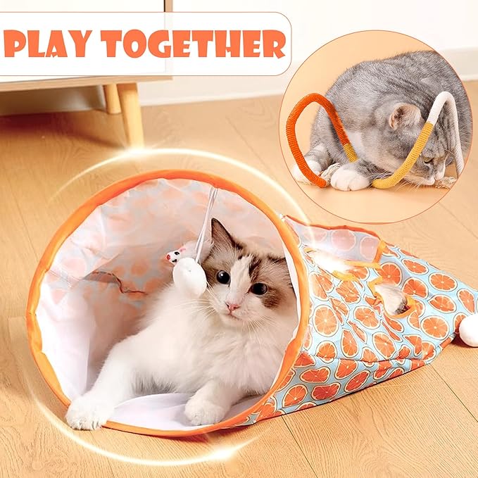 Cat Tunnel Toy and Cats Catnip Rope Toys, Portable Collapsible Cattycoil Drill Bag Toy for Indoor Cats, Cotton Rope Cat Toys for Indoor Cats, Handmade Pet Chew Toys for Teeth Cleaning