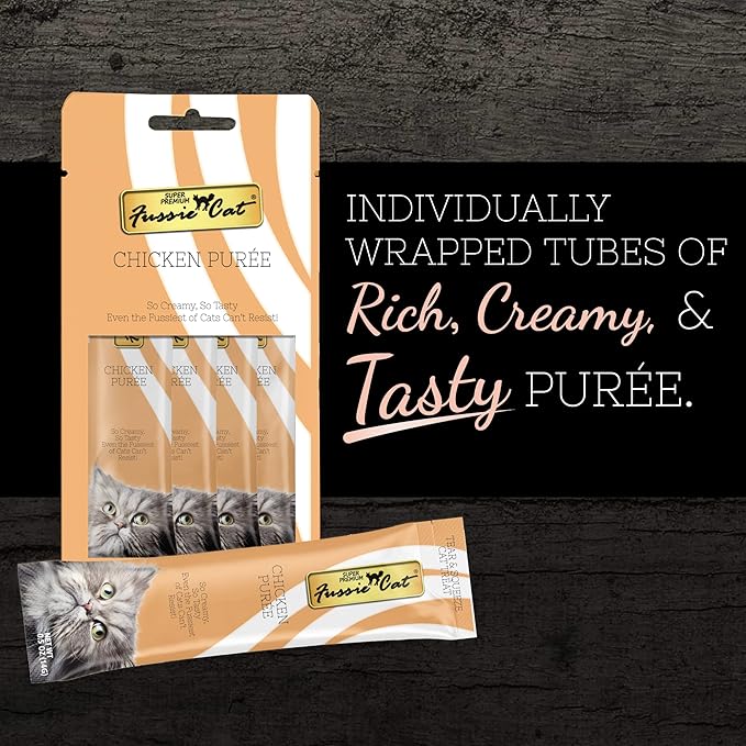 Fussie Cat Chicken Puree, lickable cat treats, 0.5oz pouch 4 Count (Pack of 1)