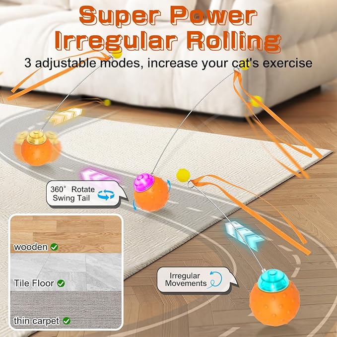 Interactive Cat Toy Ball, Touch Activated Cat Toys for Indoor Cats with Chirping Bird, Automatic Rolling Ball, Rechargeable Self Play Cat Toys