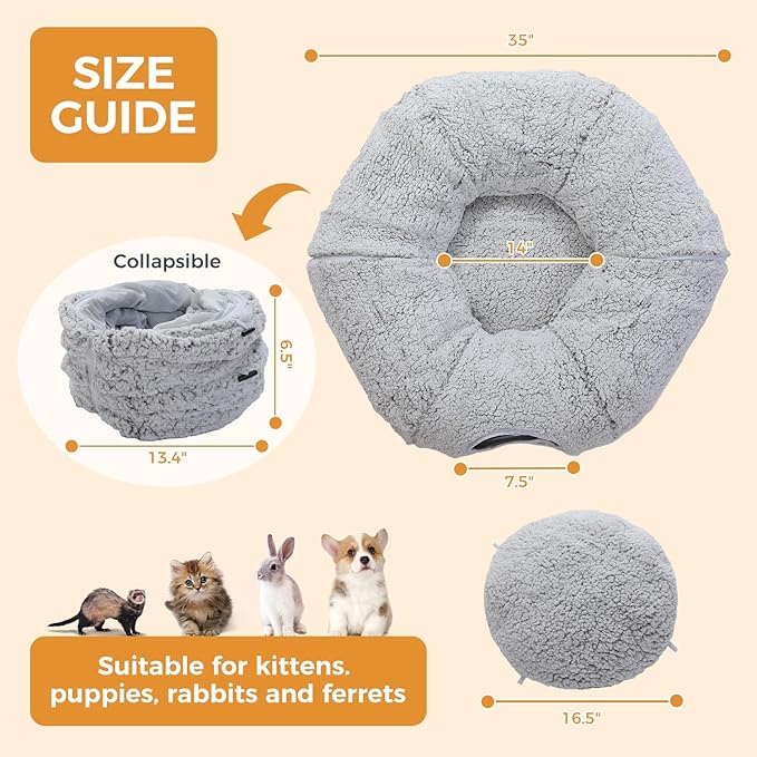 PEQULTI Cat Tunnel with Cat Bed for Indoor Cats, Cat Play Donut Tunnel with Washable Soft Plush Mat, Round Cat Tunnel Toys Cute Cat Tube for Kittens, Puppies, Rabbits and Ferrets, Grey