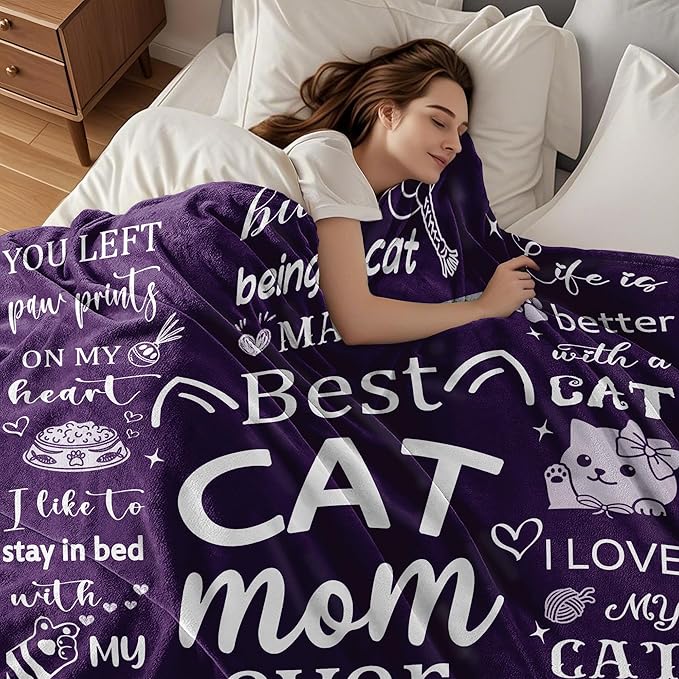 Cat Mom Gifts Blanket for Women, Cat Mom Throw Blankets for Women Soft Flannel Blanket 50"x40" Cats Themed Gifts for Cats Lovers