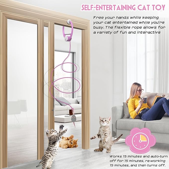 Cat Toy Interactive for Indoor Cats, Smart USB Rechargeable Door Hanging Automatic Retractable Kitten Toys, Teaser Electronic Self Play Feather Cat String Toys Attached with 3 Catnip Mice Pink