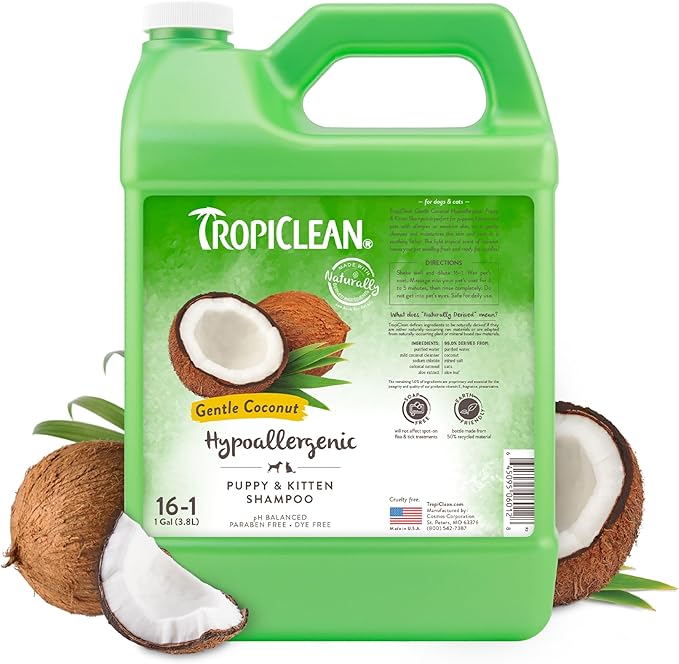 TropiClean Gentle Puppy Shampoo, Cat & Dog Shampoo for Allergies & Sensitive Skin, Gentle Coconut Scent, Made in USA, 1 Gallon