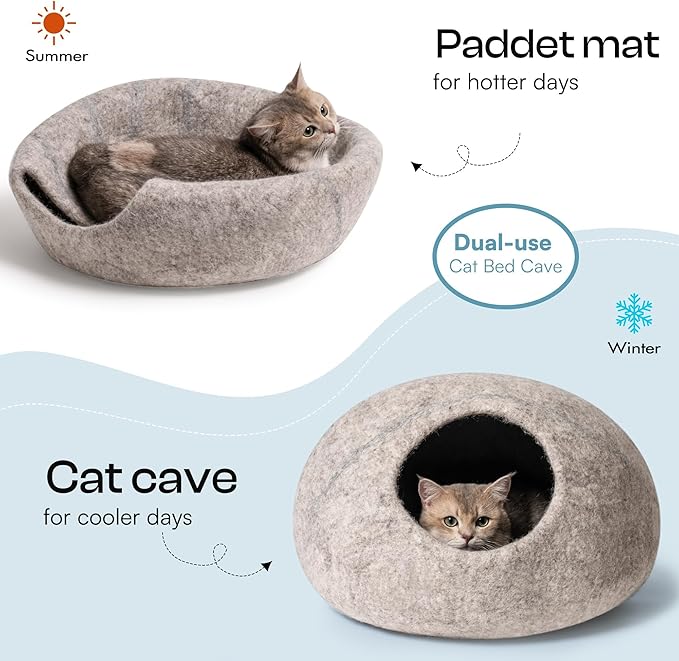 Cat Cave Bed -Handmade Wool Cat Bed Cave,Cat Bed Cat House, Felt Cat Caves for Indoor Cats and Kittens (Grey/White)