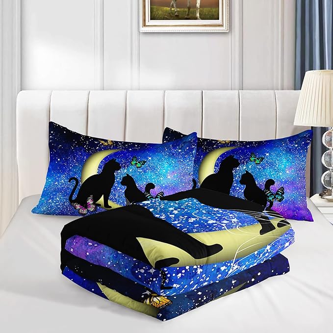 Black Cat Bedding Cartoon Cat Comforter Set Queen,Butterflies Moon Printed Kids Bedding Set for Kids Boys Girls Adults Teens,Kids Comforter Set All Season,1 Quilt 2 Pillow Cases,Blue